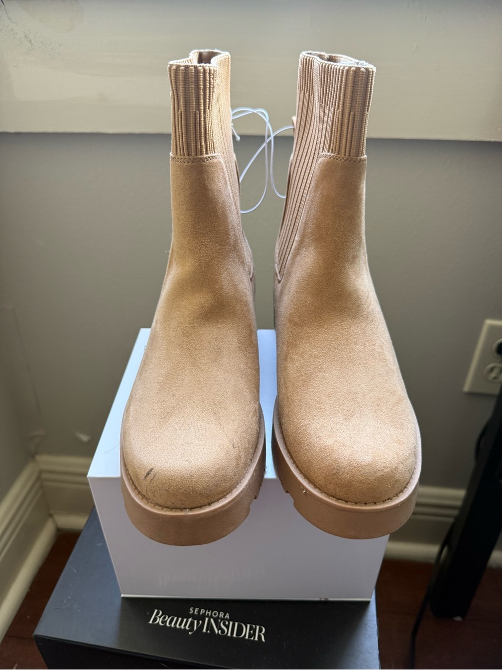 Old Navy Tan Suede Chelsea Platform Booties